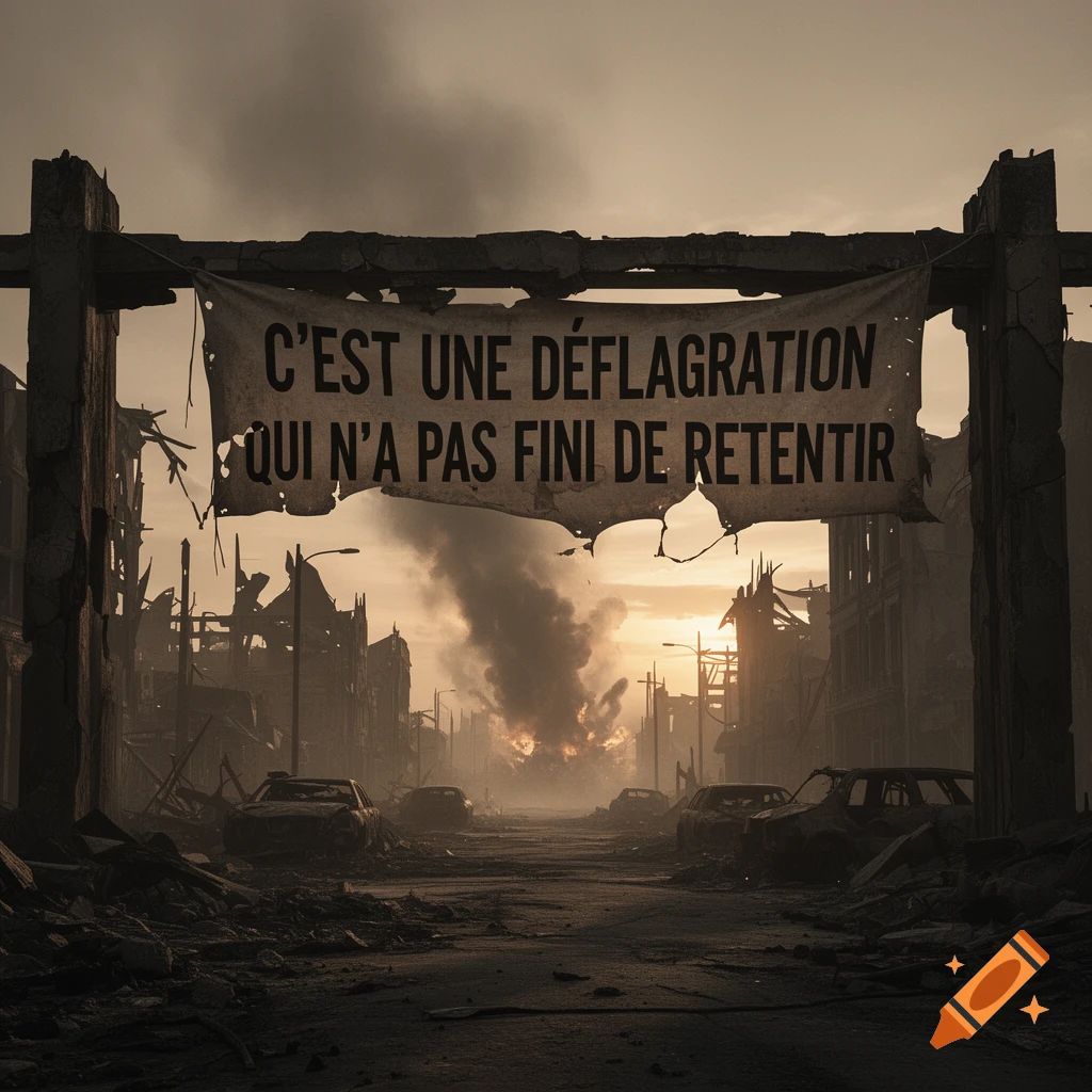 A ruined city street with a banner proclaiming "It's an explosion that hasn't stopped echoing" over burning buildings.