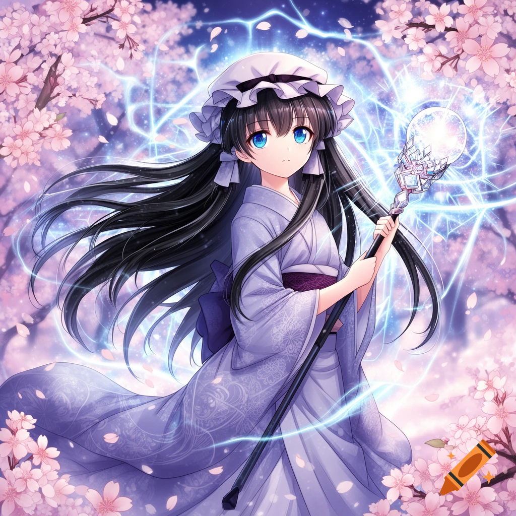 An anime girl with long black hair, blue eyes, and a white frilly hat, wearing a light purple kimono, holding a glowing staff amidst pink cherry blossoms and glowing magical energy.