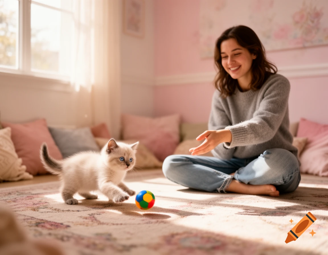 A woman sitting on a rug playing with a fluffy kitten and a colorful ball in a sunlit room.