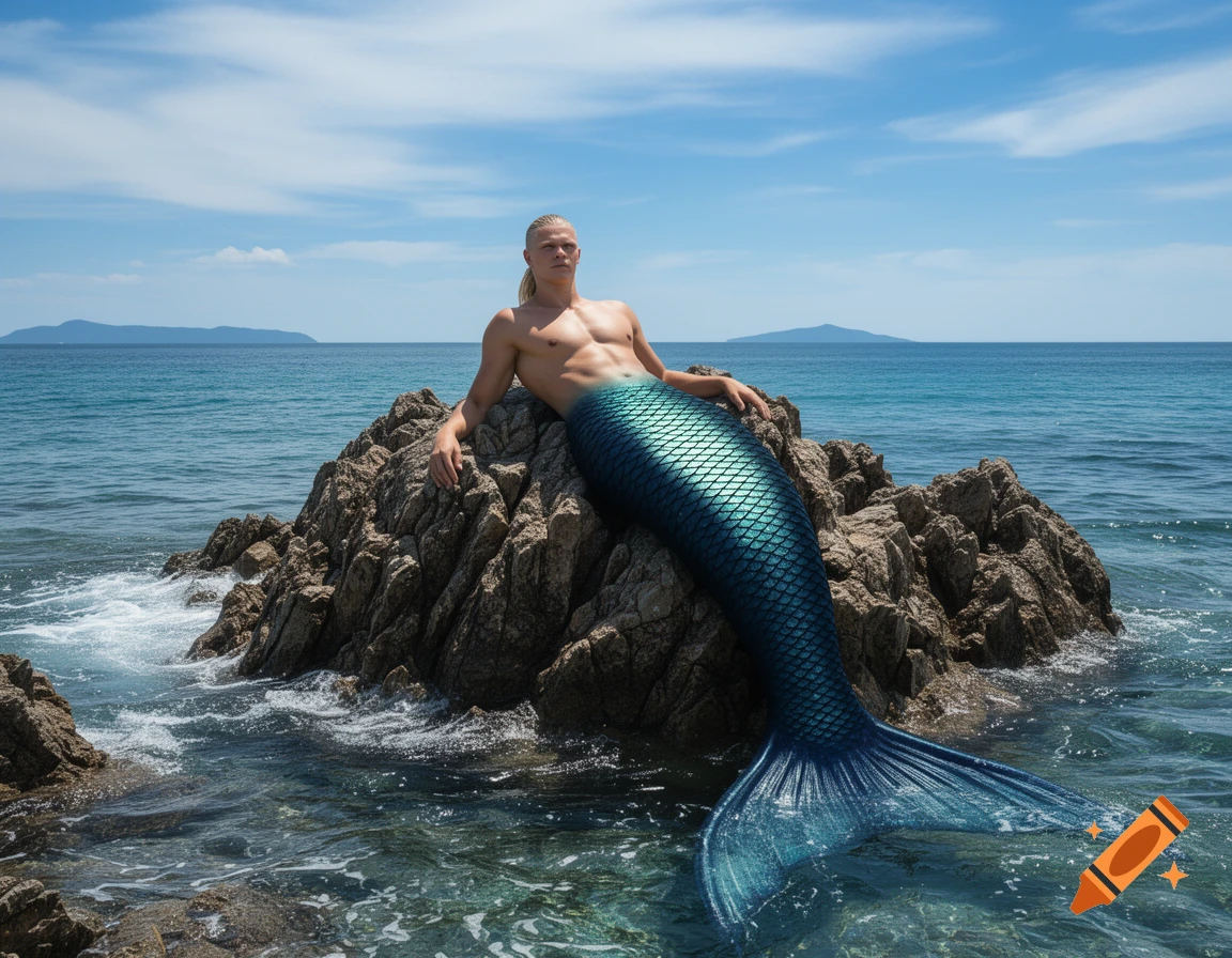 A shirtless merman with a dark blue tail lies on sunlit rocks in the middle of a clear blue ocean, with islands in the distance under a sunny sky.