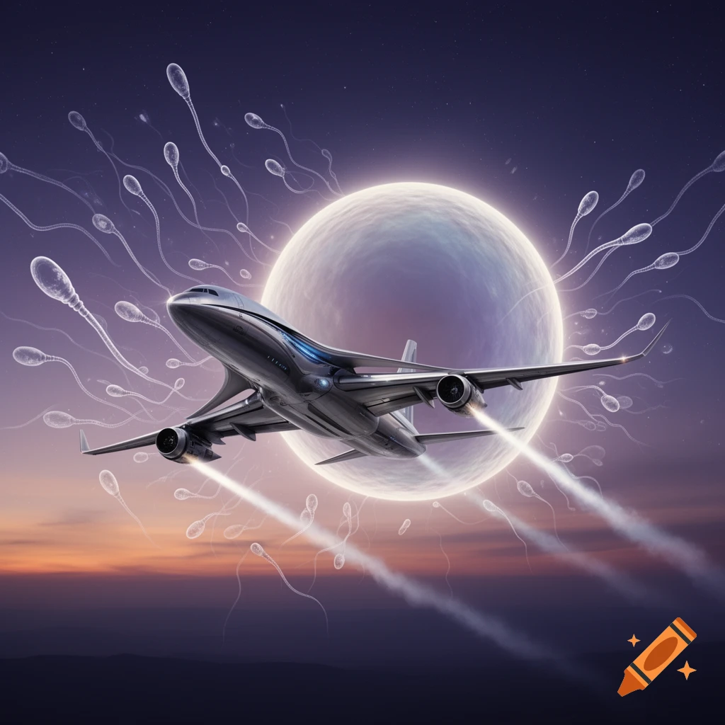 A futuristic metallic airplane flies towards a glowing ovum-like moon, surrounded by numerous sperm cells against a starry, purple-orange sky.
