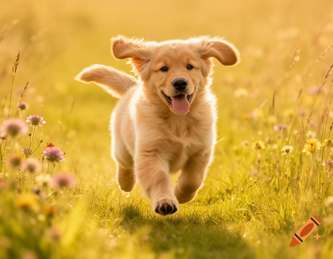 A happy golden retriever puppy bounds through a sunny, golden field, tongue out.