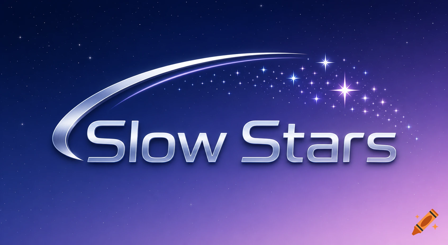 A metallic silver logo for 'Slow Stars' with a curved swoosh and sparkling stars, set against a gradient blue and purple starry night sky.