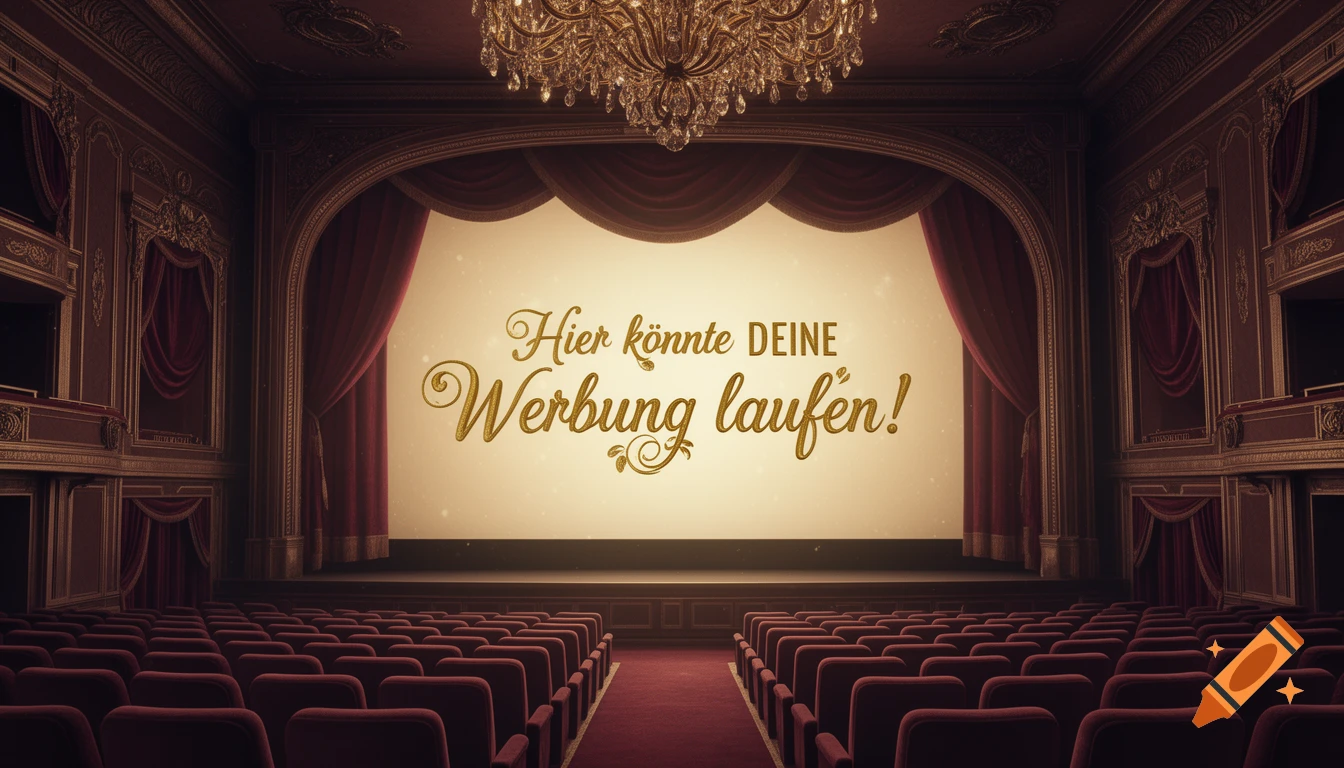 An opulent empty theater with red seats and curtains, featuring a large screen displaying 'Hier k b te DEINE Werbung laufen!' in golden script.