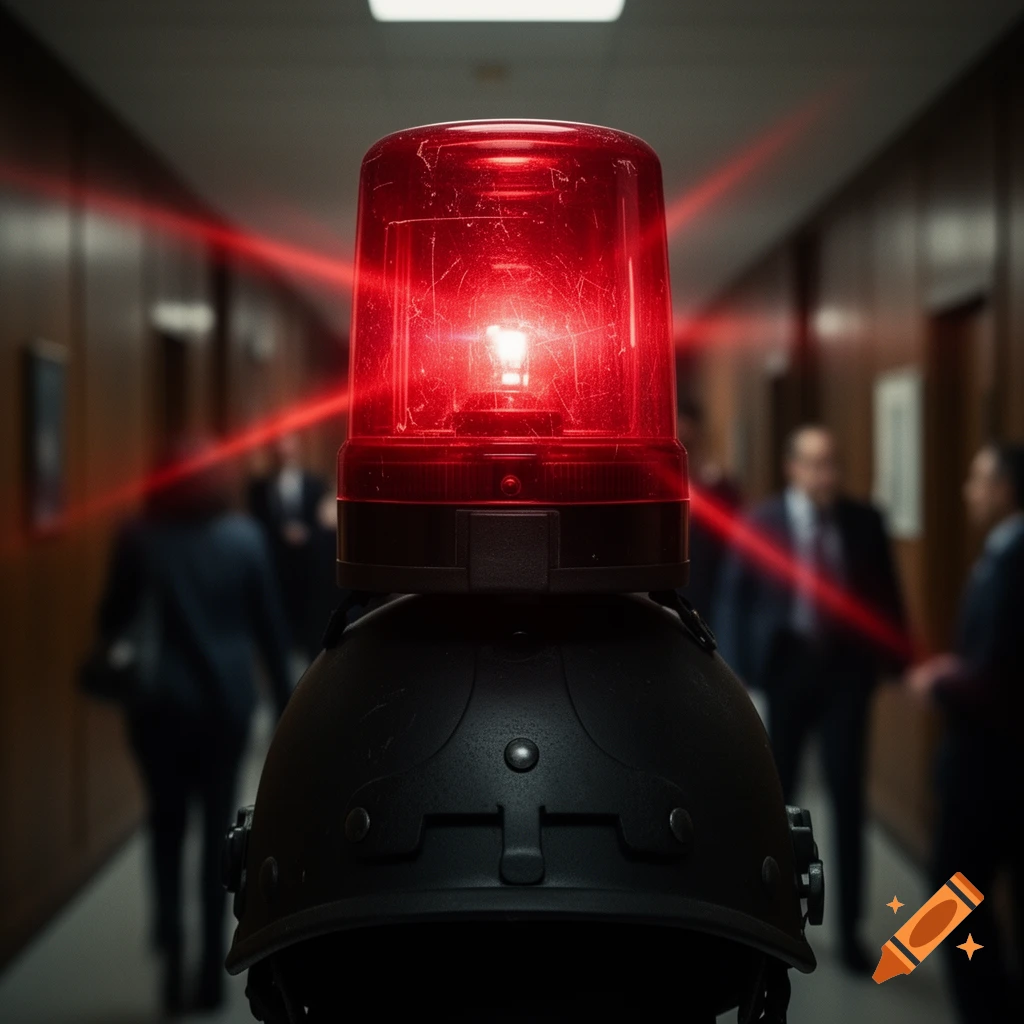 A red flashing siren light sits atop a black helmet, with blurred figures walking in a hallway in the background.