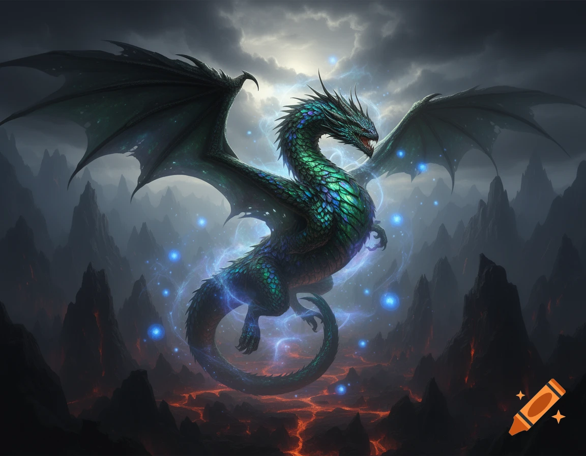 A majestic green and blue dragon with glowing scales and large wings hovers above a dark volcanic landscape with glowing lava and blue magic under a dramatic sky.
