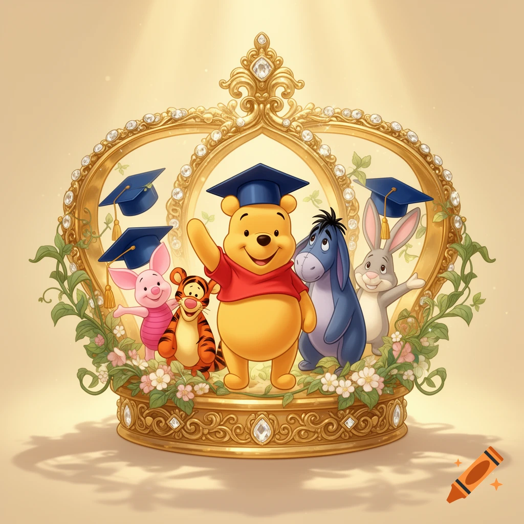 Winnie the Pooh, Piglet, Tigger, Eeyore, and Rabbit in graduation hats, standing inside a golden crown.