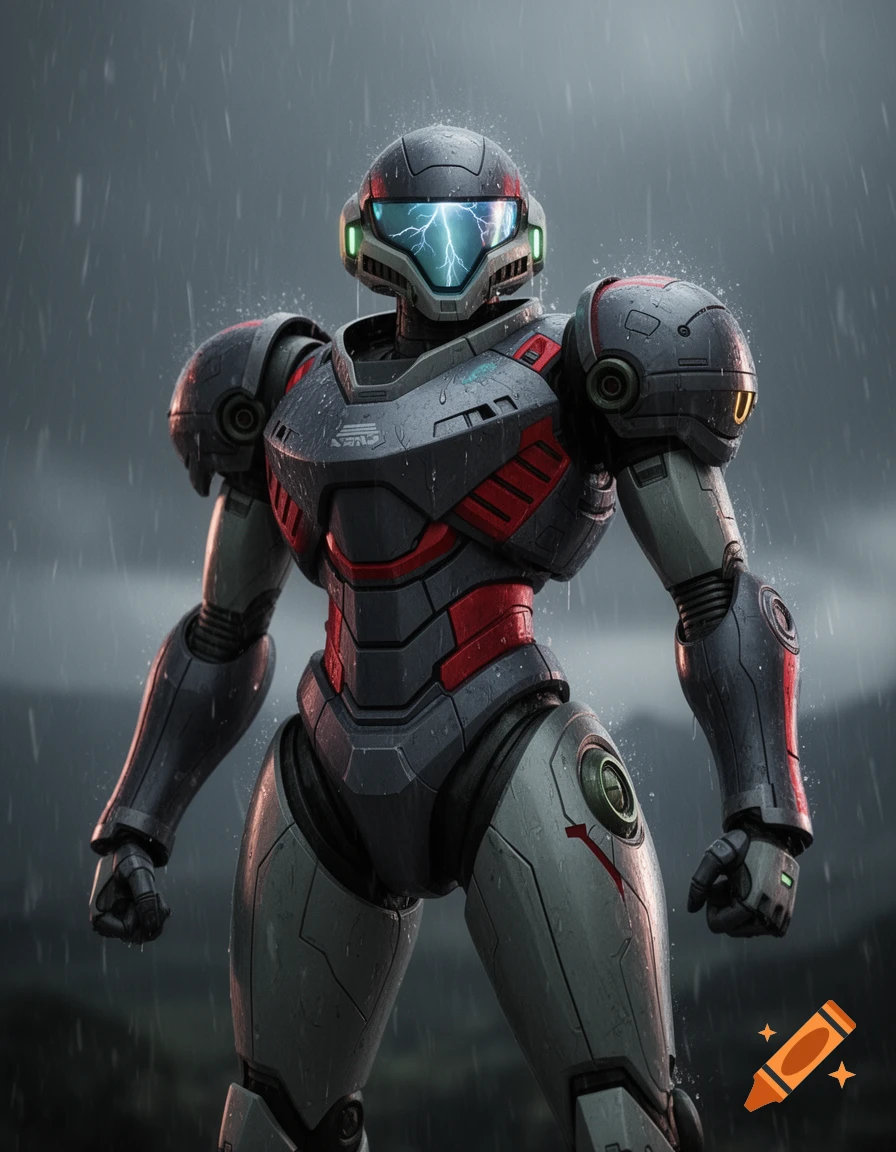 Photorealistic rendering of a gray and red power-suited robot standing in a rainstorm, with a glowing blue visor.