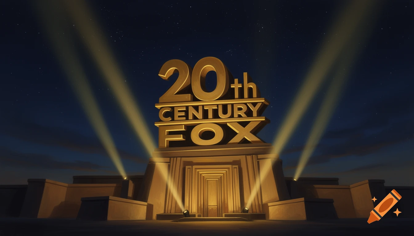 The golden 20th Century Fox logo stands prominently on a detailed pedestal with searchlights illuminating a starry night sky.