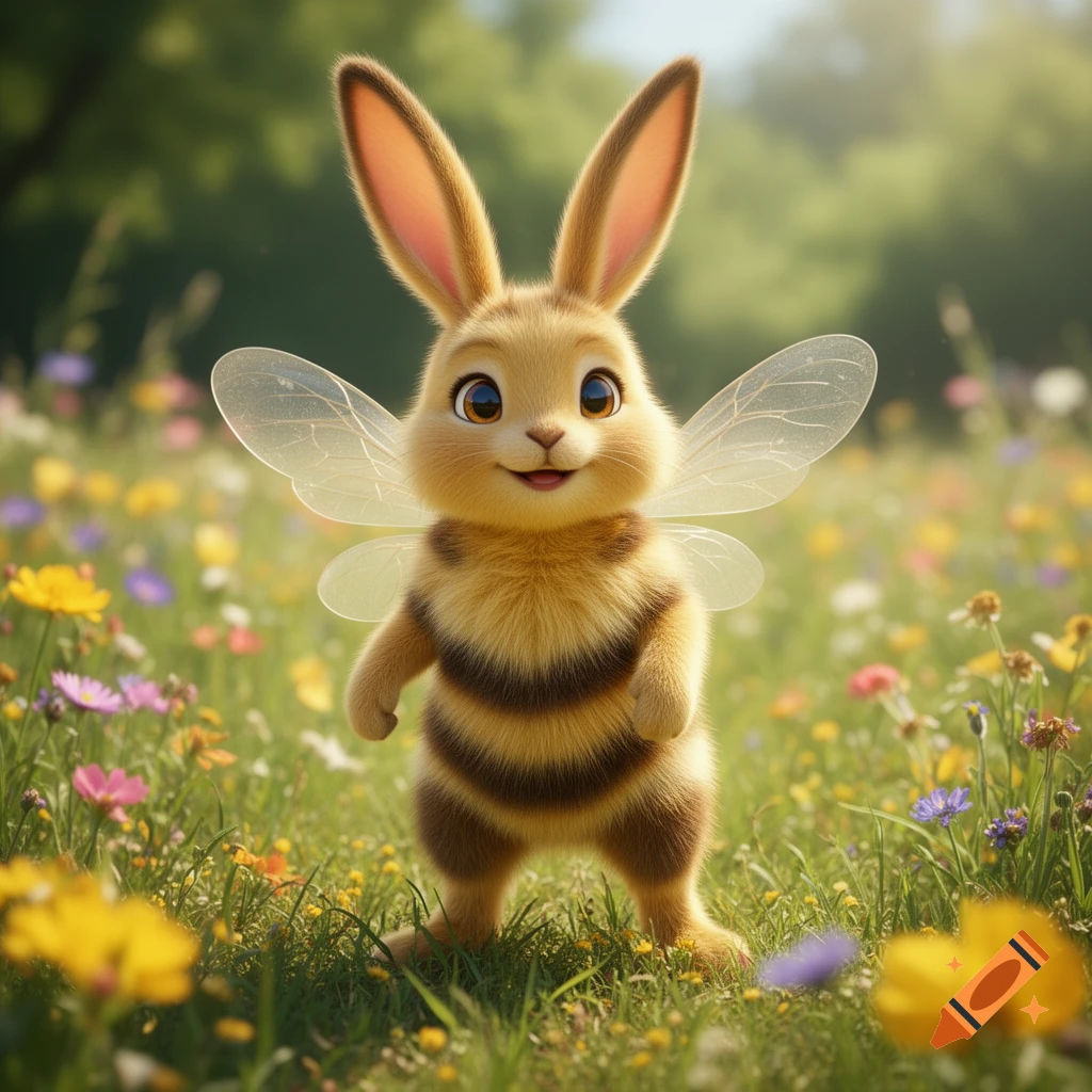 A cute, fuzzy cartoon bunny with bee stripes and translucent wings smiles in a field of colorful wildflowers.