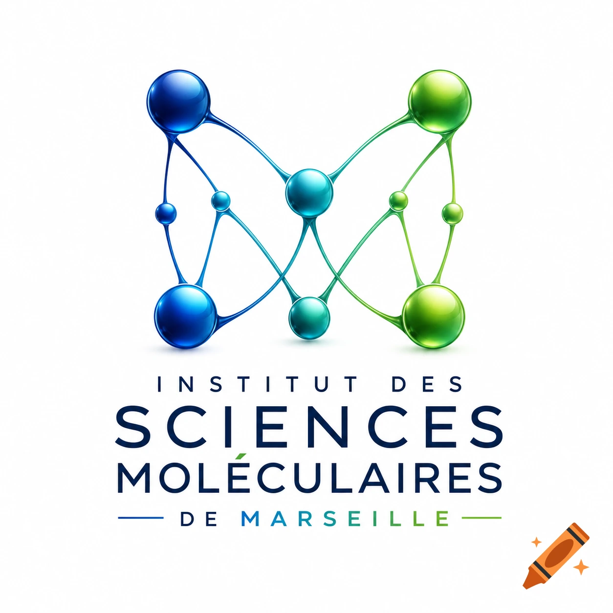 A stylized logo with glossy blue and green spheres interconnected, forming a molecular-like structure, above text reading 'INSTITUT DES SCIENCES MOLÉCULAIRES DE MARSEILLE'.