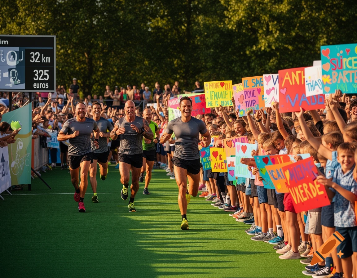 Photorealistic image of runners on a green track, cheered by children holding colorful signs. A scoreboard shows "32 km" and "325 euros".