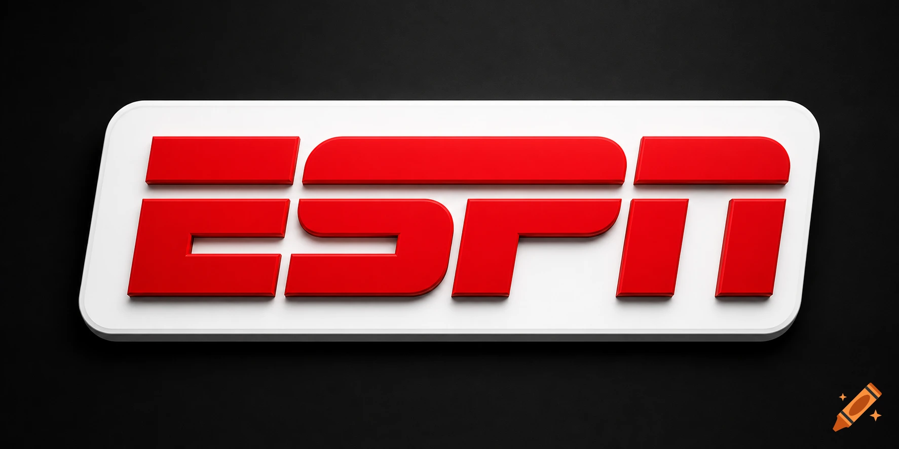 A 3D rendering of the red ESPN logo on a white plaque against a dark background.