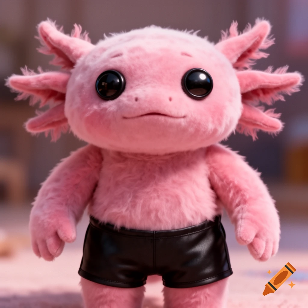 A pink fluffy axolotl plushie with large black button eyes, wearing black shorts, in a cartoon animation style.