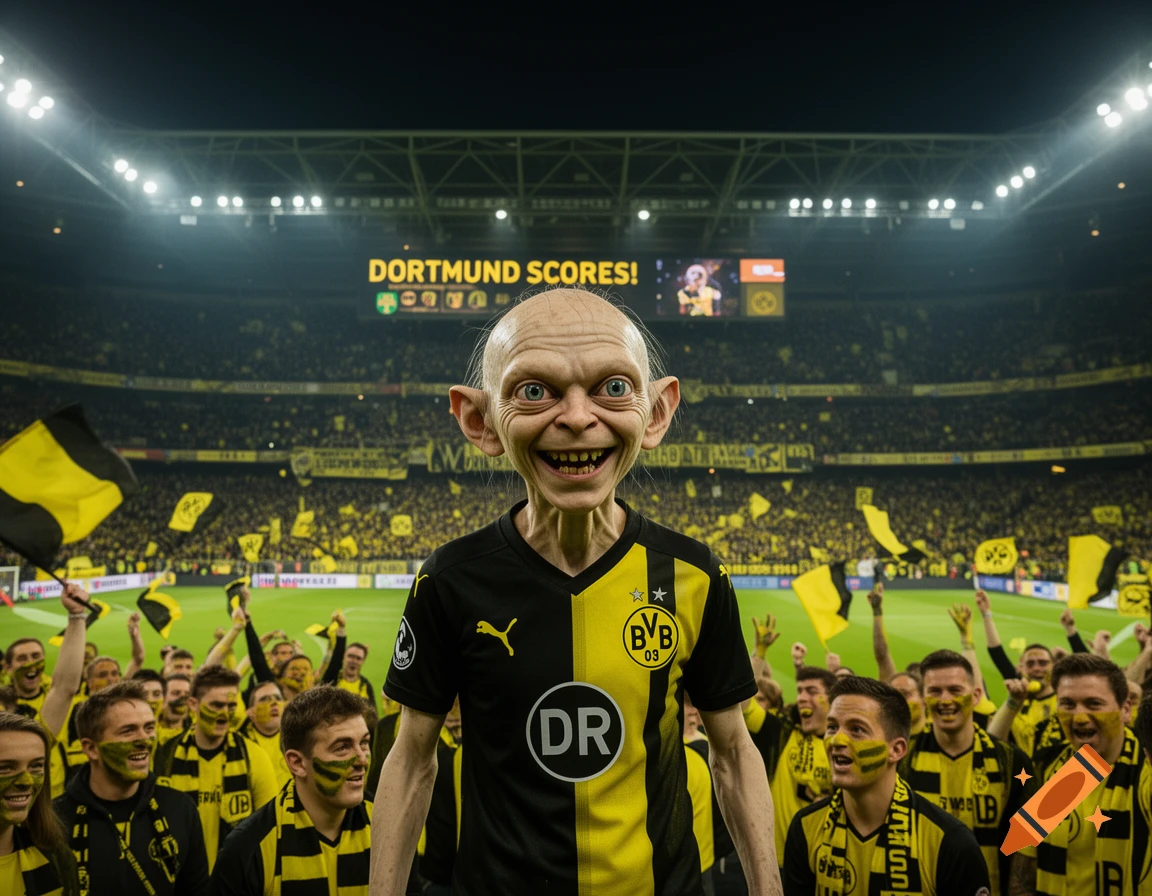 Gollum from Lord of the Rings, wearing a black and yellow Borussia Dortmund football jersey, stands in a crowded, brightly lit stadium full of cheering fans waving flags.