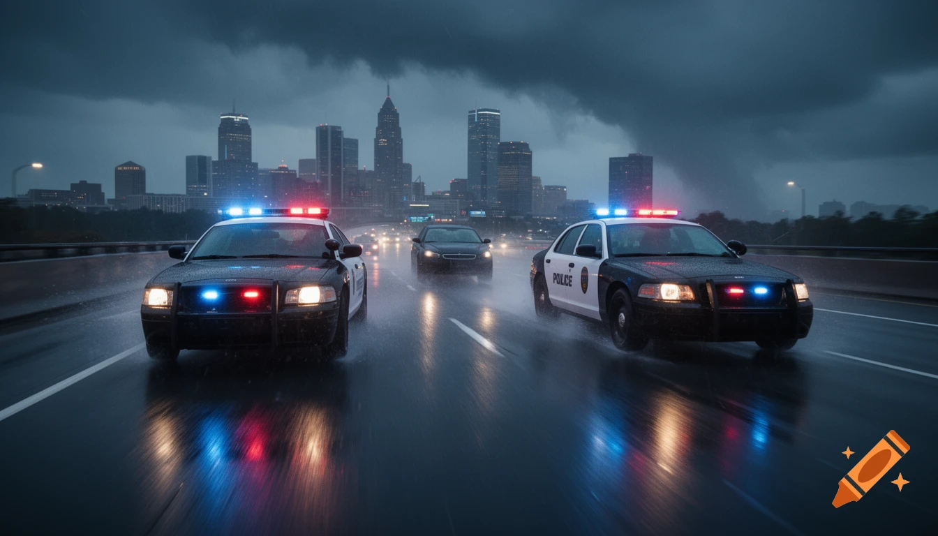 Two police cars with flashing lights drive on a wet interstate highway at night under a stormy sky, with a city skyline in the background.