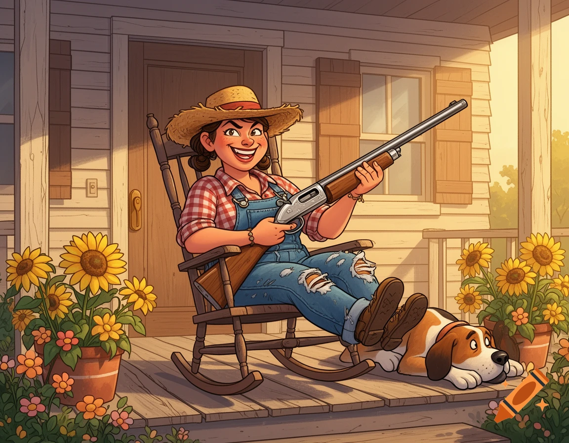 Cartoon illustration of a smiling woman in a rocking chair on a porch, holding a shotgun, with a beagle sleeping nearby amidst sunflowers.