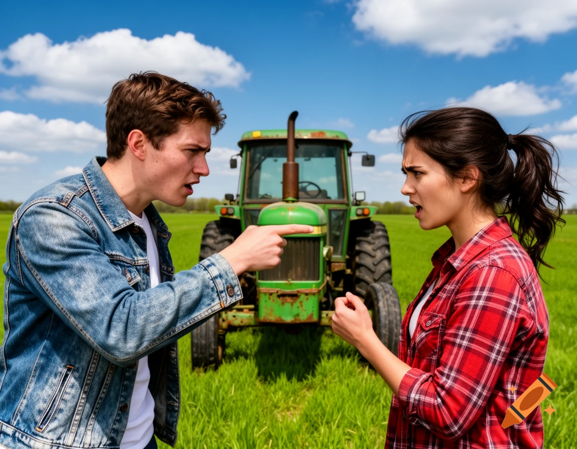 A young man and woman angrily argue in a green field with a tractor in the background.