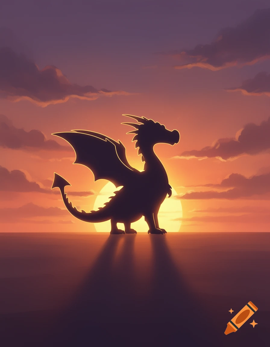 Silhouette of a friendly dragon standing against a vibrant sunset sky with clouds.