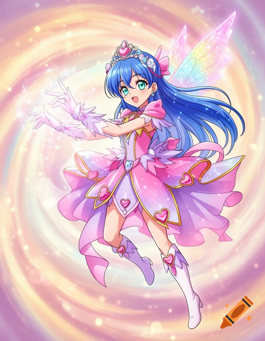 A blue-haired anime magical girl in a pink and purple dress with rainbow wings, casting a spell with sparkling hands on a pastel background.