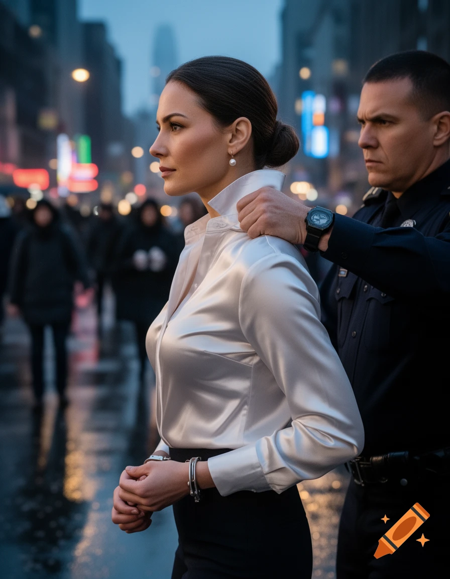 A serious police officer holds the collar of a businesswoman whose wrists are cuffed, on a rainy city street at dusk, photorealistic.