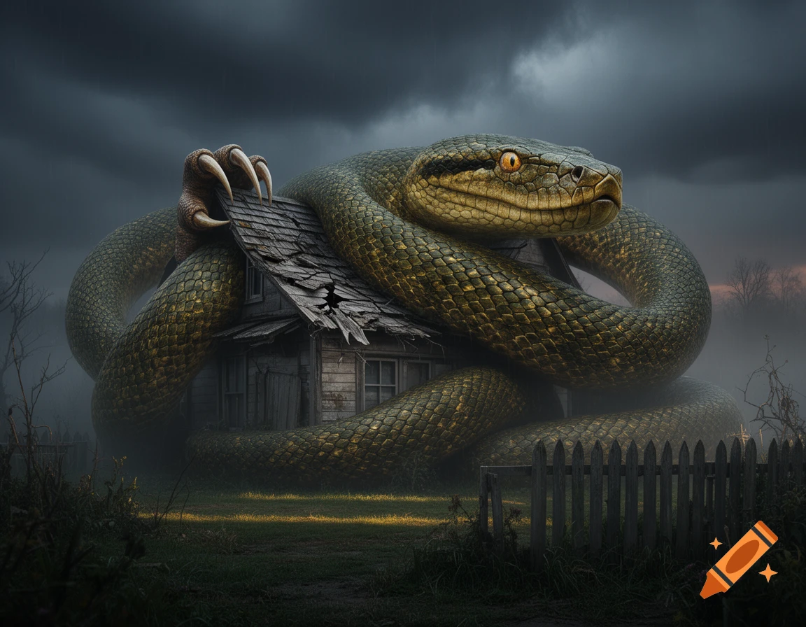 A giant green snake with talons is coiled around and crushing a dilapidated wooden house under a dark, stormy sky.