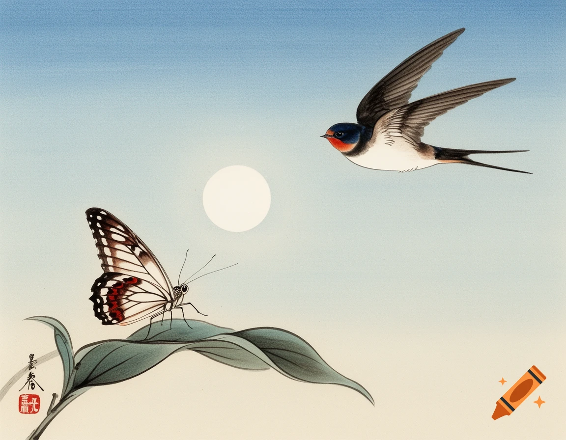 A Japanese art painting of a butterfly on a leaf and a swallow flying past the sun in a light blue sky.