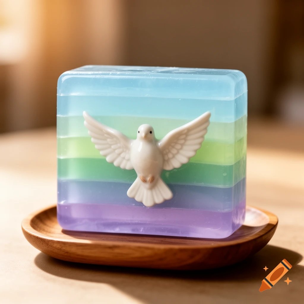 A pastel multi-layered soap bar with a white dove figurine embedded in the center, resting on a small wooden plate.