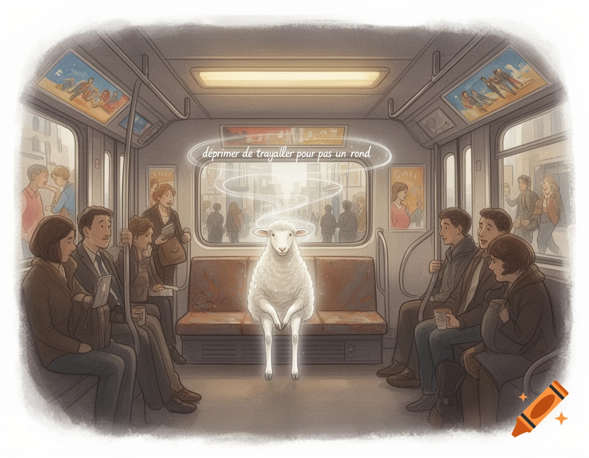 An illustration of a sheep sitting on a subway train bench with a thought bubble above its head, as people ride around it.