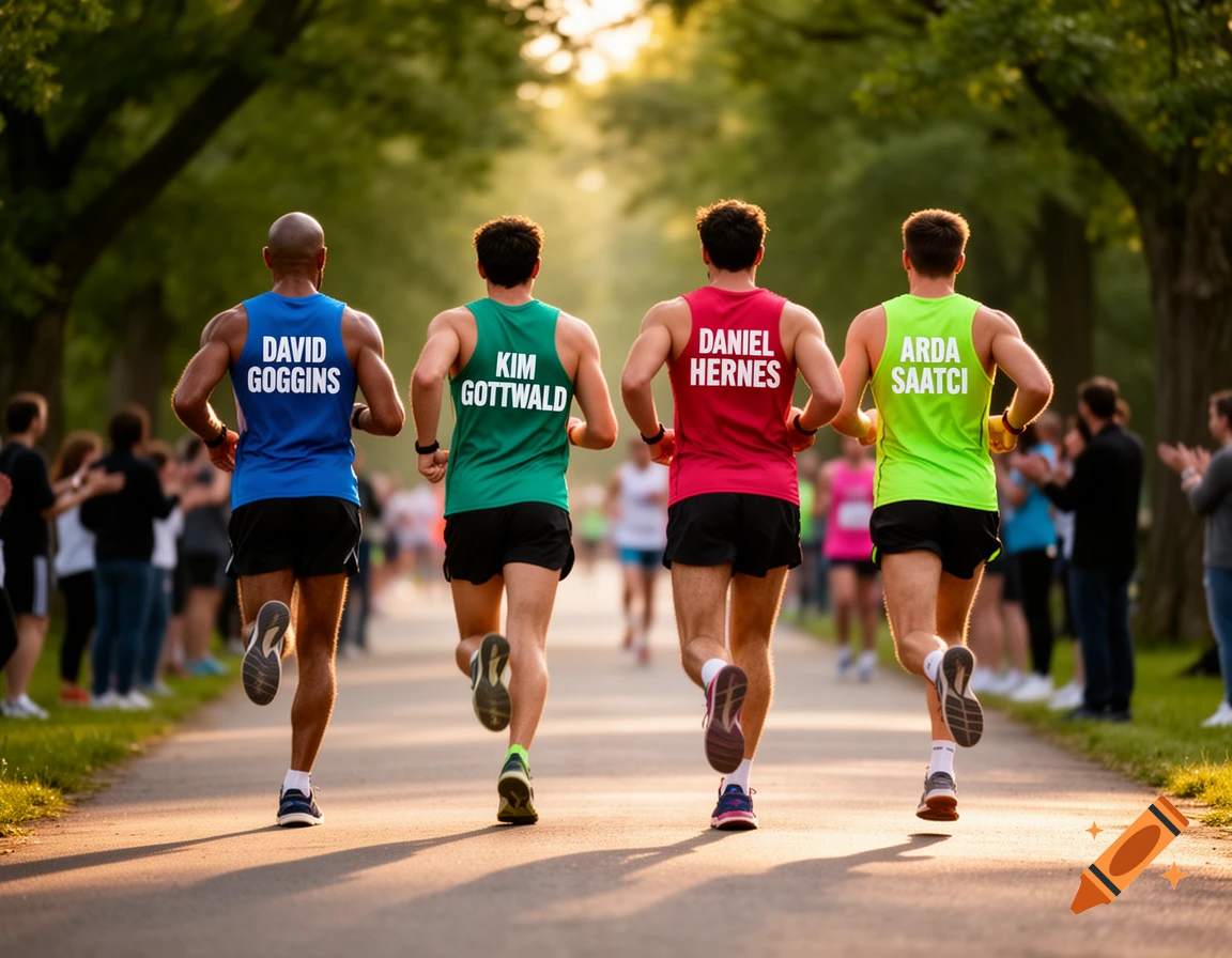Four male runners from behind on a tree-lined path, wearing colored singlets with names, during a photorealistic race event.