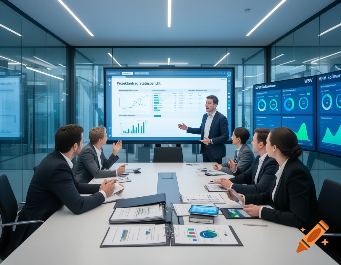 A man presents a project status report on large screens to colleagues in a modern, glass-walled conference room during a business meeting.