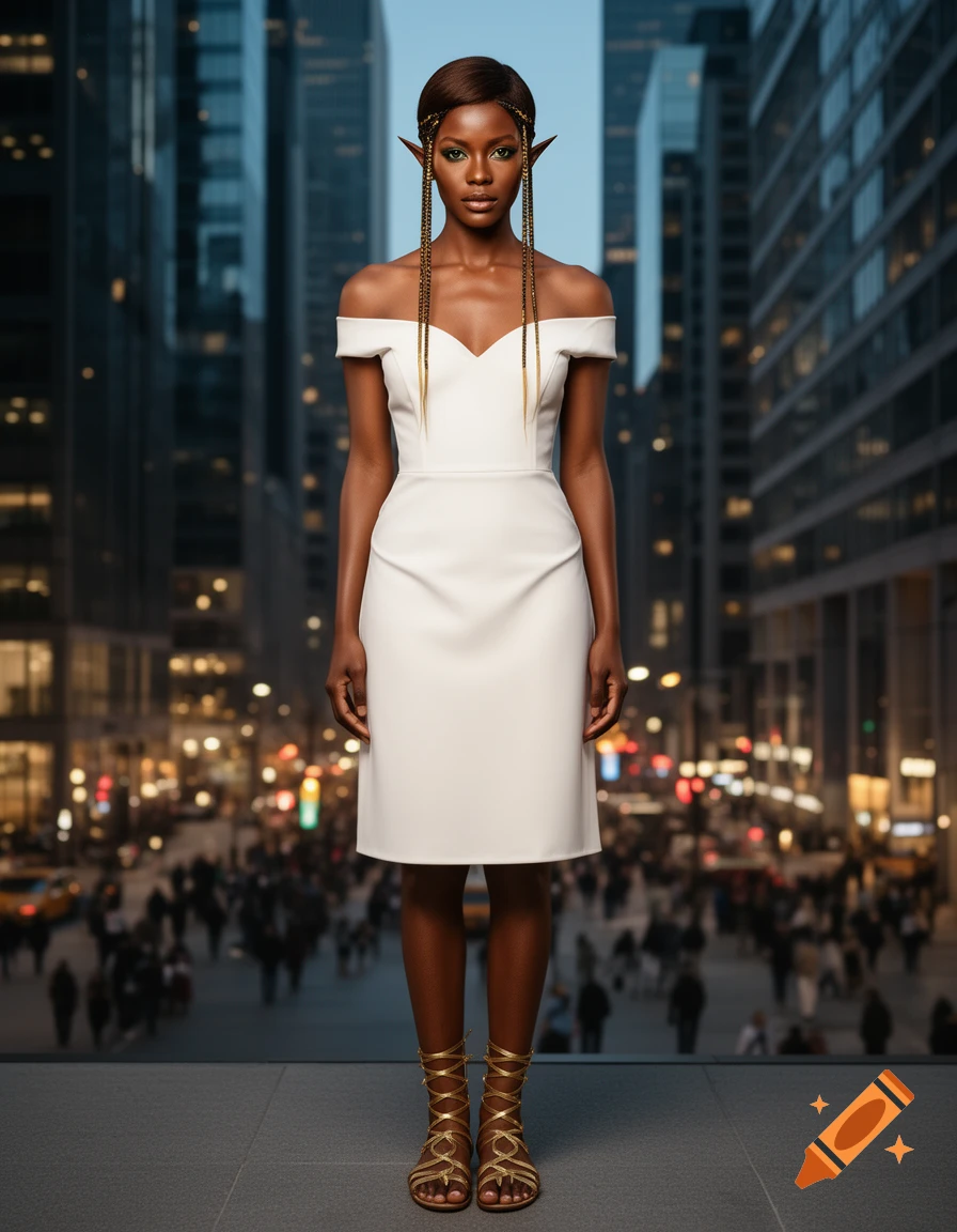 A tall dark-skinned half-elf with long pointed ears and braided hair, wearing a white off-shoulder dress and gold gladiator sandals, stands in a bustling city.