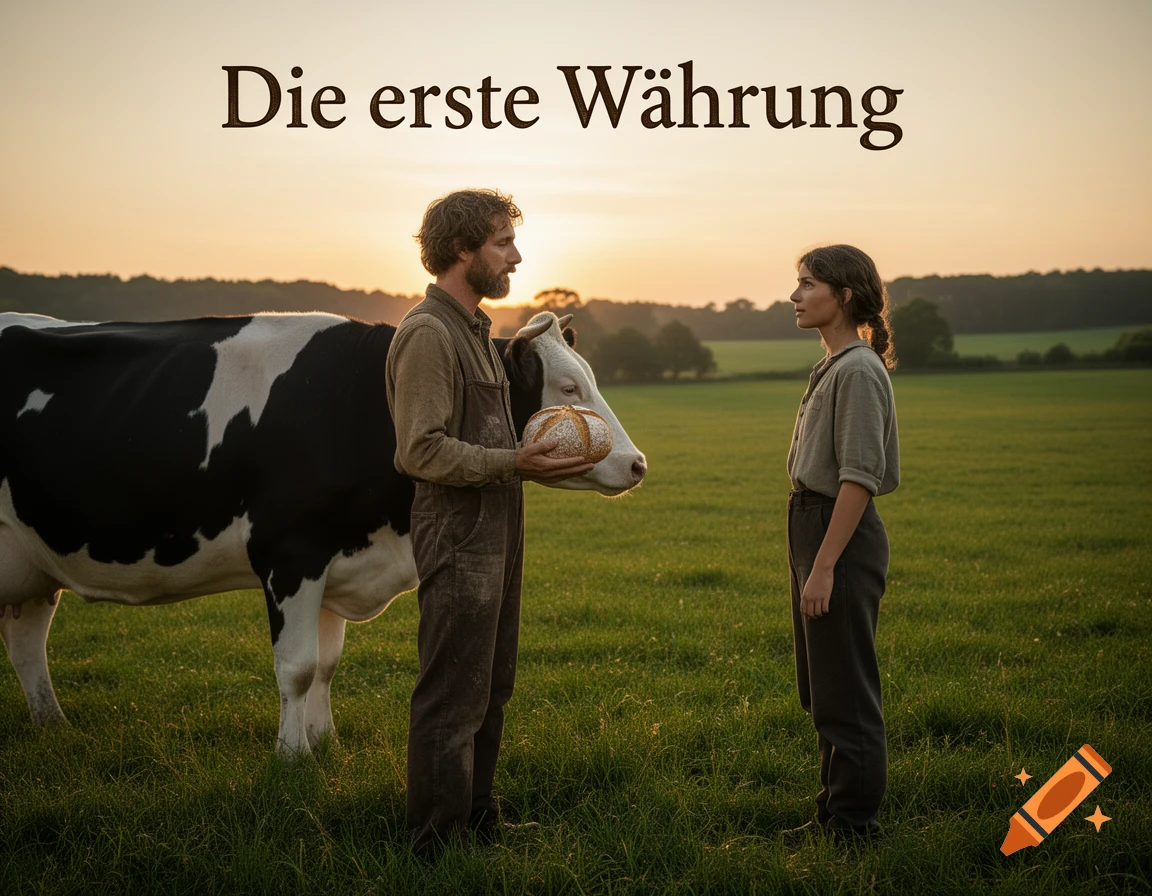 A man holding bread stands by a cow, facing a woman in a sunny field. Text 'Die erste Währung' above. Photorealistic style.