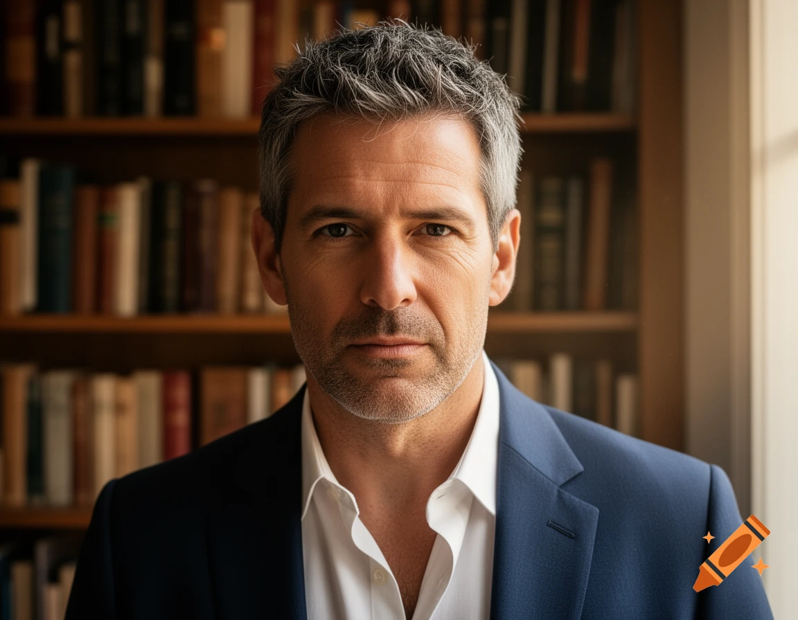 Photorealistic portrait of a middle-aged man with grey hair, wearing a blue suit and white shirt, in front of bookshelves.
