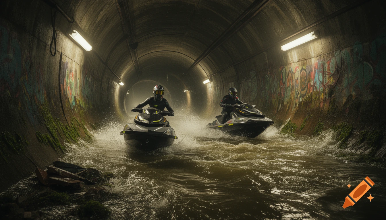 Two people on jet skis racing through a dark, graffiti-covered sewer tunnel with murky water.