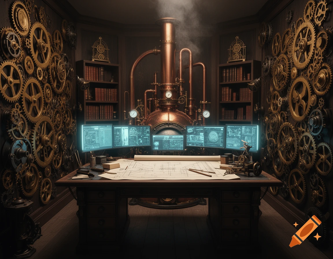 A dark steampunk engineering office with glowing neon monitors, a drafting table, gears on the walls, and a large brass steam engine emitting smoke.