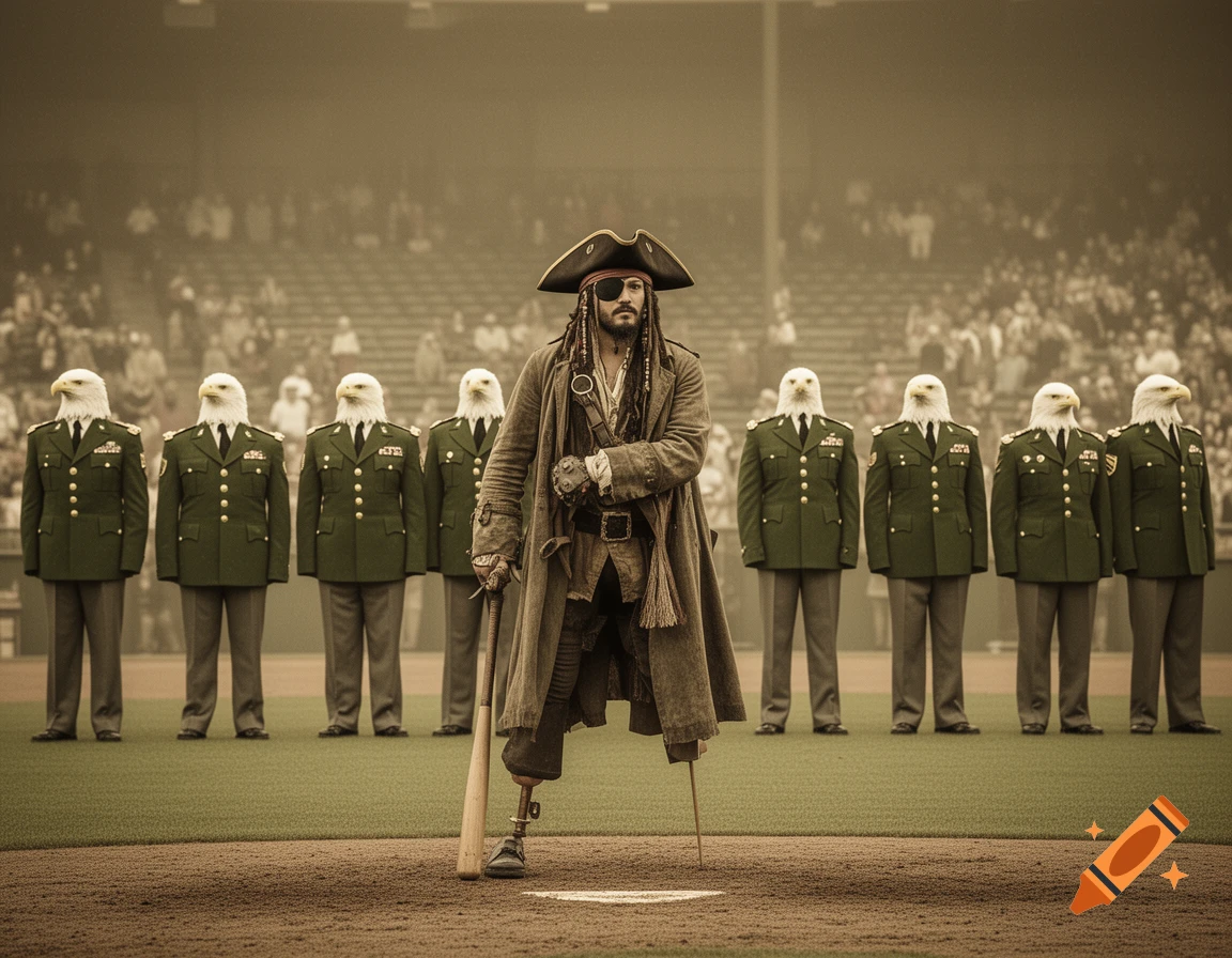 A peg-legged pirate with a baseball bat stands on a field, flanked by nine bald eagles in military uniforms, vintage style.