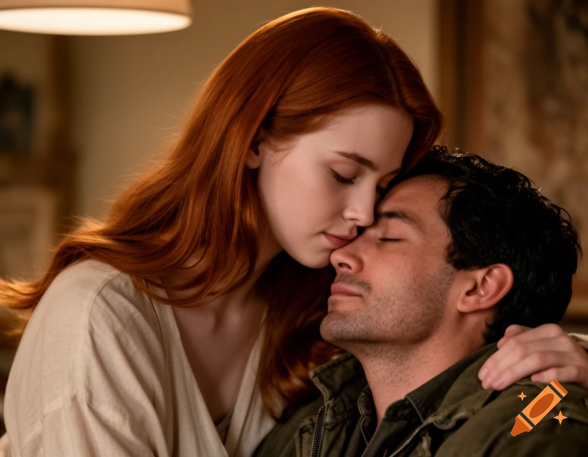 A red-haired woman with closed eyes tenderly rests her head on a man's forehead, a close-up photorealistic portrait of affection.