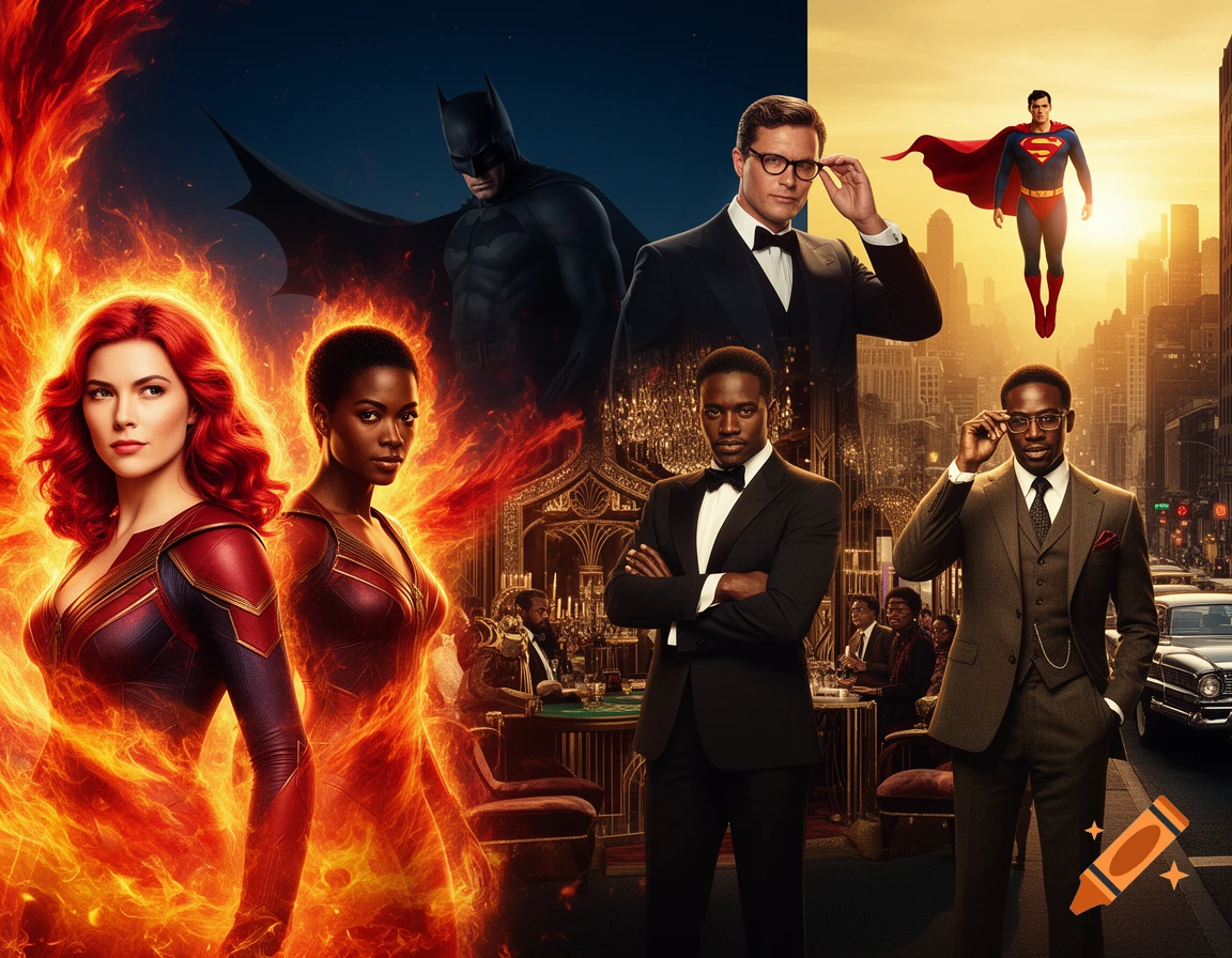 Composite image with Black Jean Grey/Phoenix in flames, Batman, Superman flying over a city, and Black men resembling James Bond, Jay Gatsby, and Youngblood Priest.