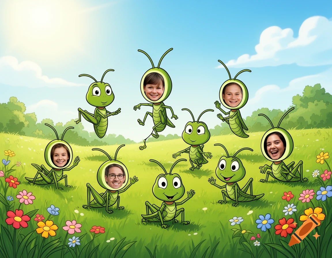 Cartoon grasshoppers with human faces frolic in a green meadow with colorful flowers under a blue sky.