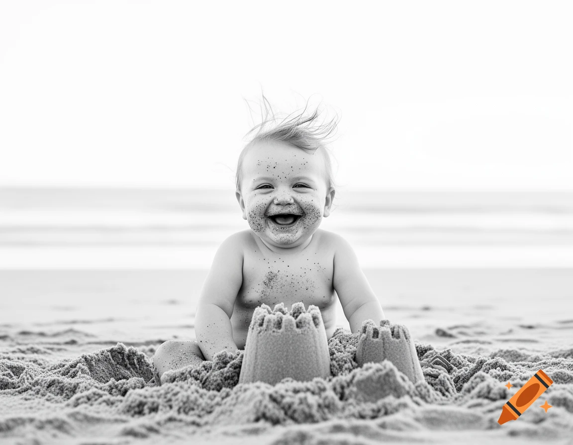 A smiling baby with sand on their face sits on a beach between two small sandcastles in a black and white photo.
