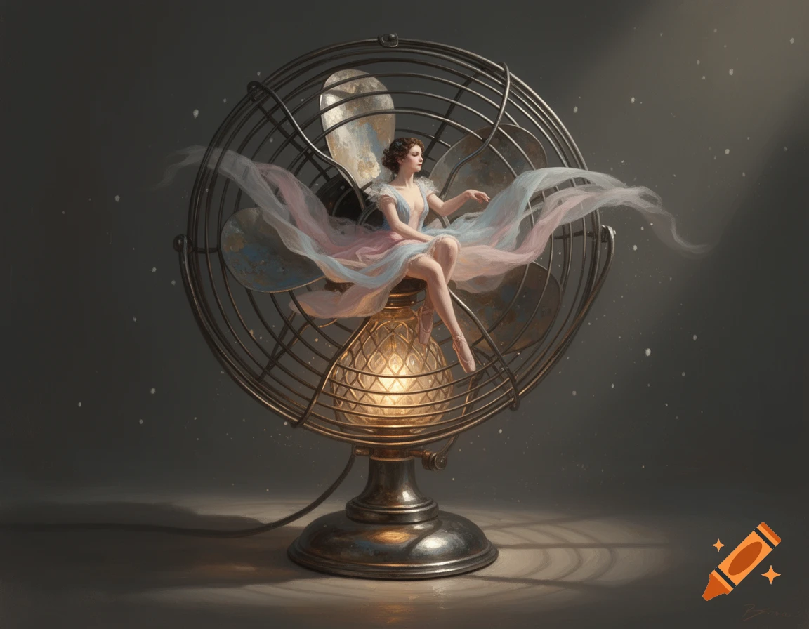 Surreal digital art of a small, fairy-like woman in a flowing dress sitting inside a vintage metal desk fan, glowing from below.