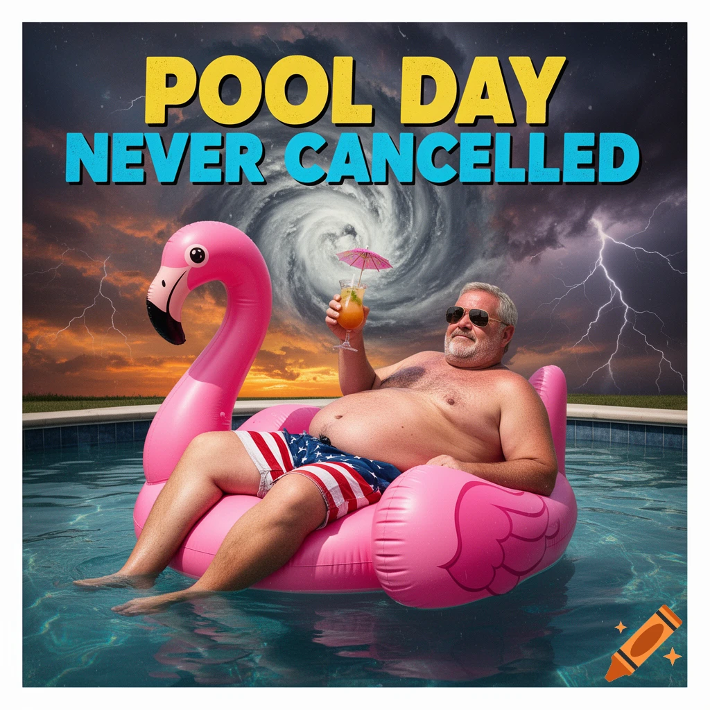 Photorealistic, humorous image of a heavyset man on a pink flamingo float in a pool, holding a cocktail under a hurricane sky. Text: "POOL DAY NEVER CANCELLED".