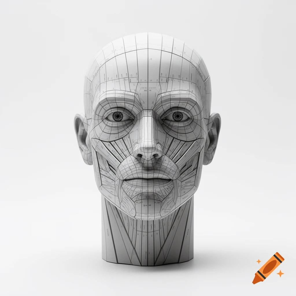 Grayscale 3D render of a human head anatomical model with grid lines and illegible labels.