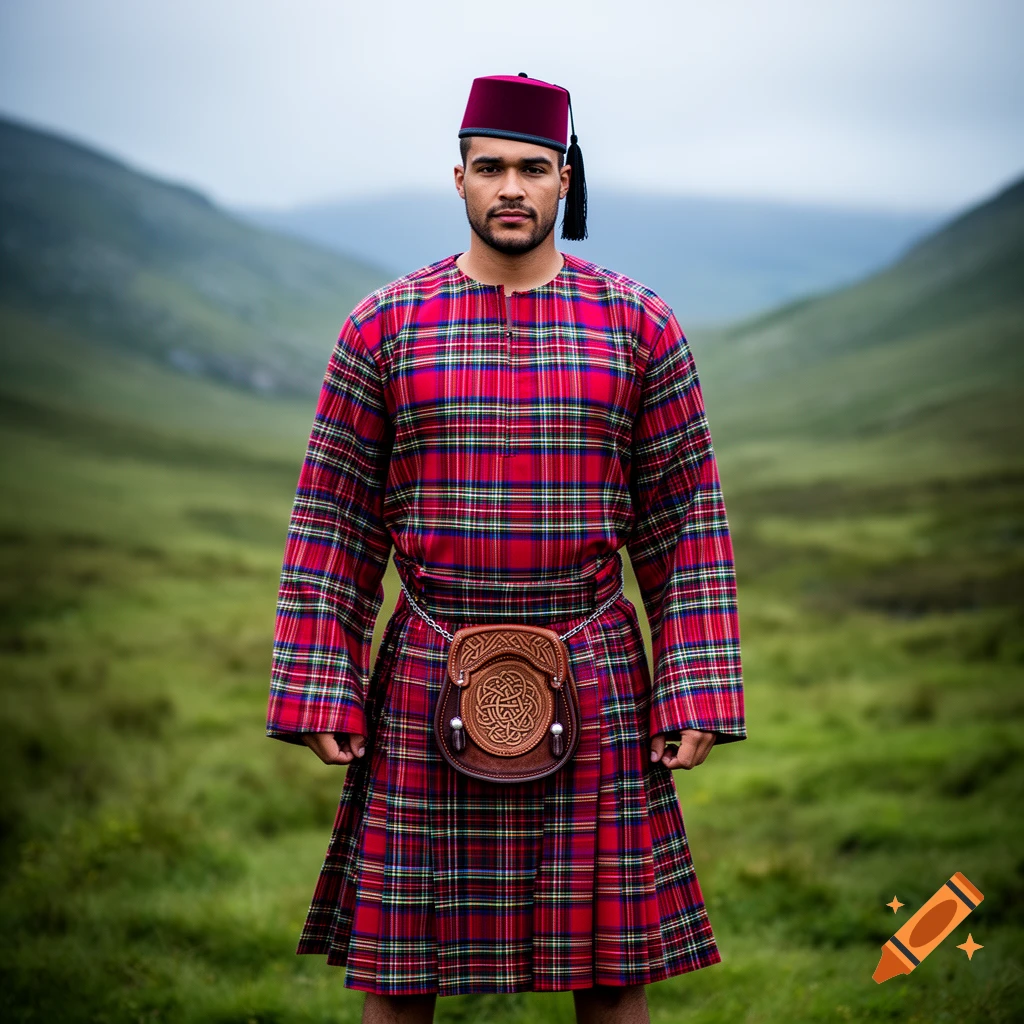 A man in a red tartan djelleba-style tunic, kilt, and a fez stands in a misty green mountain landscape, wearing a leather sporran.