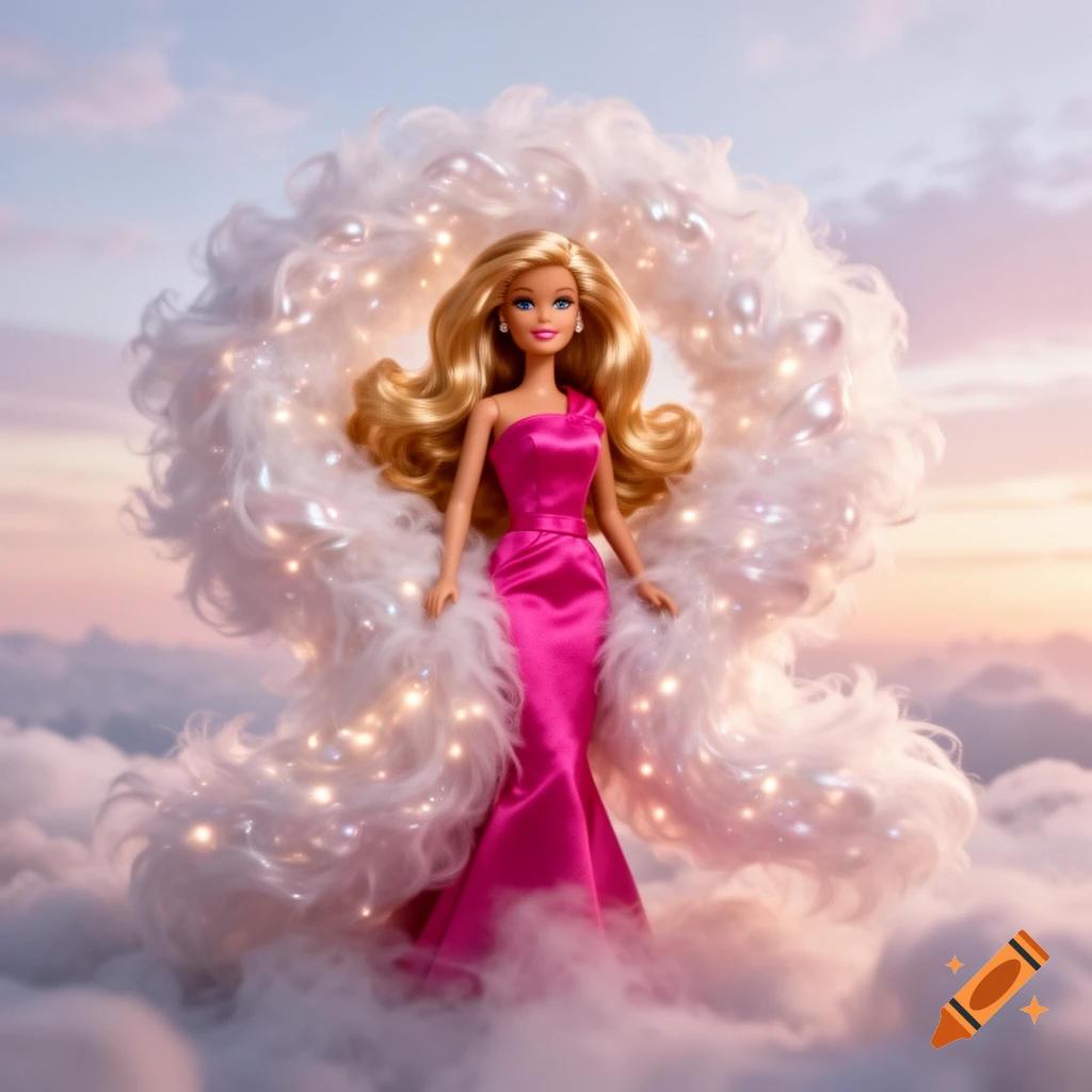 A Barbie doll in a pink evening gown stands amidst glowing white clouds against a pastel sky.