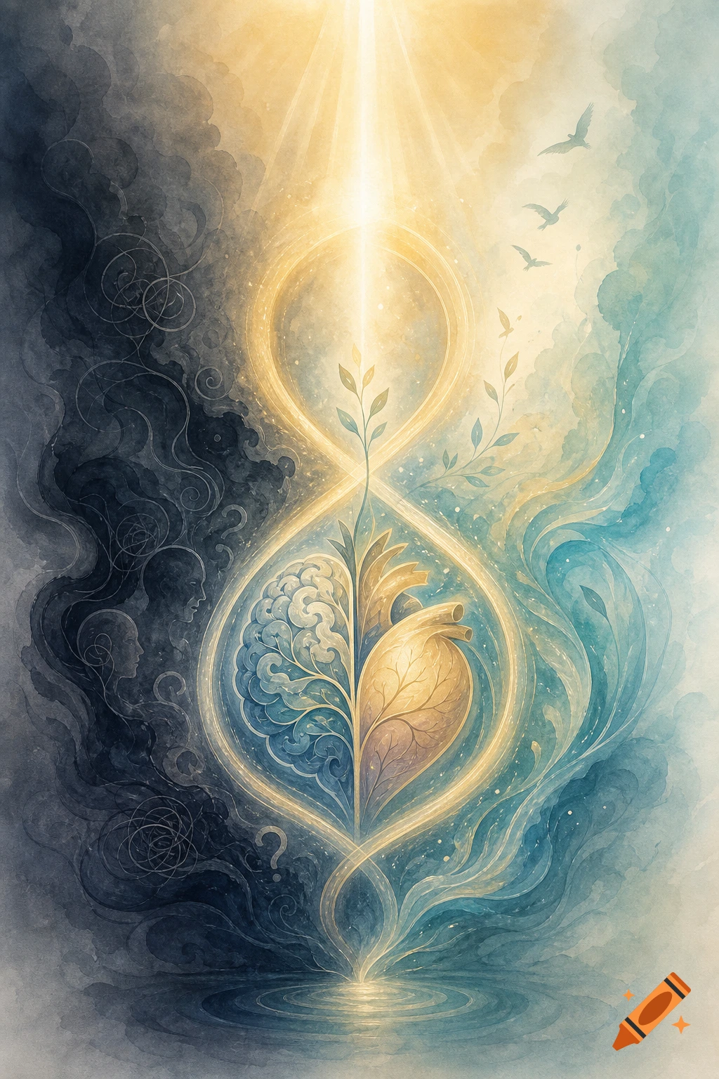 A symbolic watercolor illustration showing an infinity symbol connecting a brain and a heart, emanating light from darkness to peace.