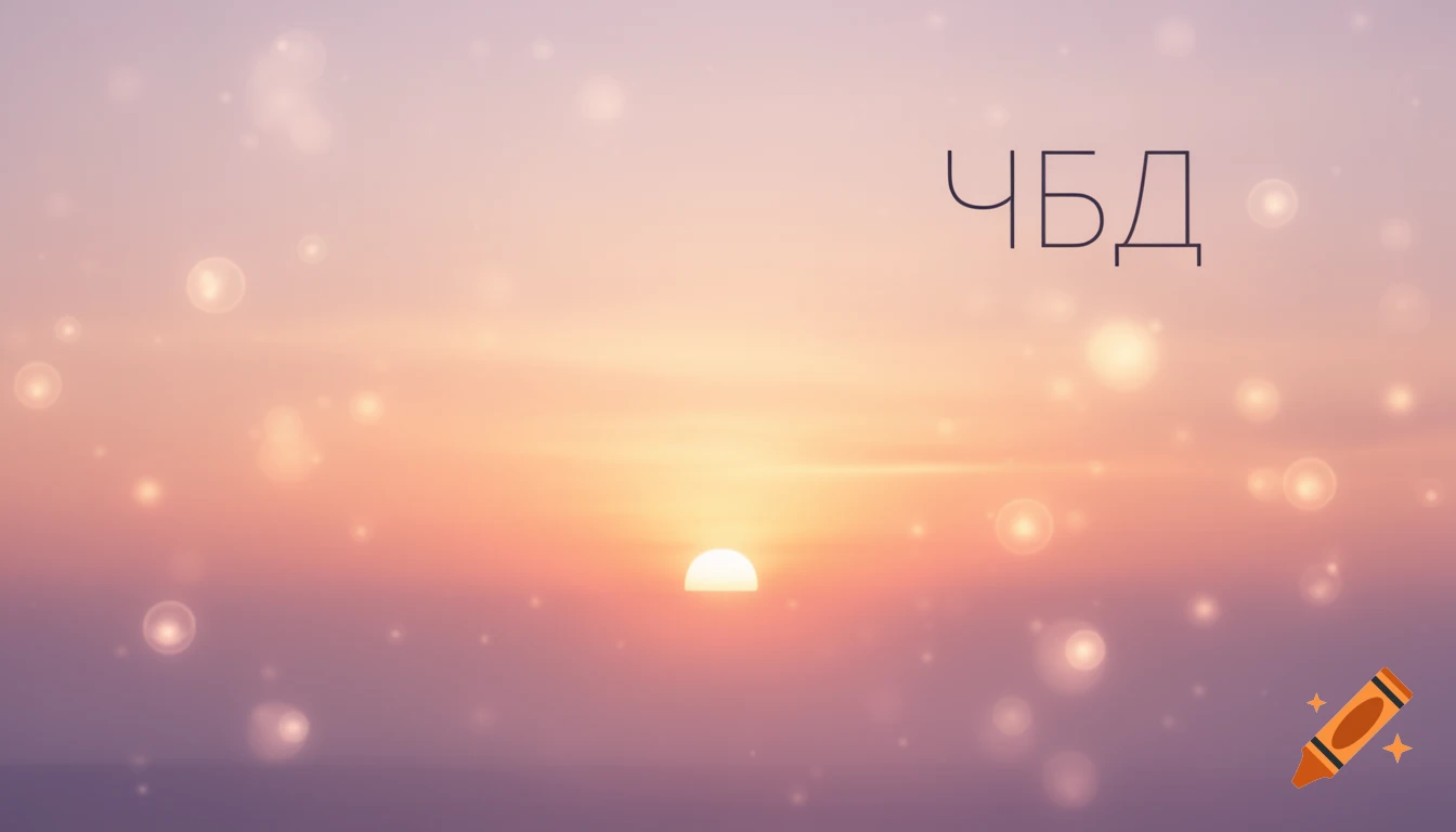 Gradient sunset sky with soft orange, pink, and purple hues, featuring sparkling bokeh lights and the text 'ЧБД' in the upper right.