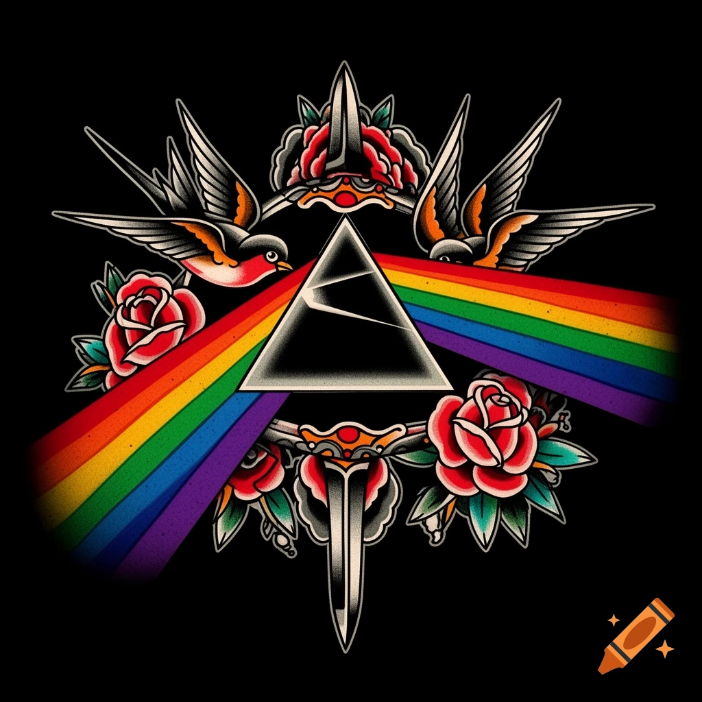 Traditional flash tattoo style artwork of a black prism refracting a rainbow, flanked by two swallows, red roses, and a dagger.