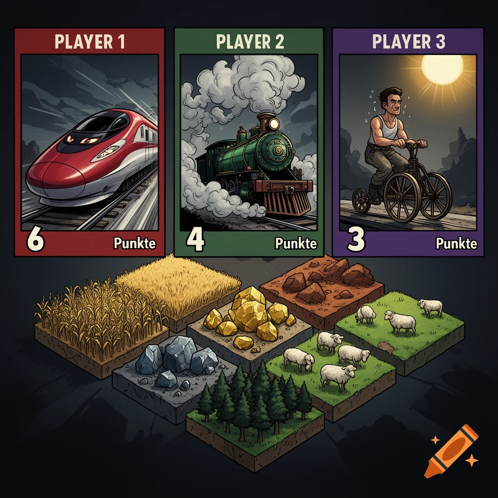 Three game cards showing a red high-speed train, a green steam train, and a man on a draisine, along with isometric tiles of wheat fields, gold mines, rocks, forests, and sheep pastures in a comic noir style.